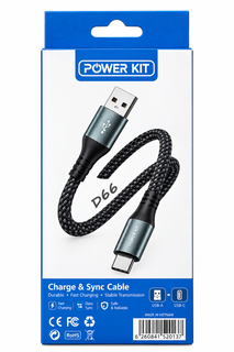 تصویری از بستهبندی کابل شارژ و انتقال داده Power Kit USB to Type-C با طراحی عمودی و ترکیب رنگ سفید و آبی است. روی بستهبندی، کابل با روکش بافتهشده مشکی و کانکتورهای فلزی Type-C , USB نمایش داده شده همراه مشخصاتی مانند شارژ سریع ۶۰ وات،بارکد و نماد های بس