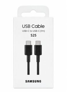 جعبه سفید کابل Samsung USB Cable مدل S25 با طراحی ساده و مینیمال روی پسزمینه سفید قرار گرفته است. روی بستهبندی عبارت USB Cable و مشخصات USB-C to USB-C (1m) و مدل S25 دیده میشود. تصویر روی جعبه، کابل دو سر تایپ C با کانکتورهای فلزی و بدنه مشکی را نمایش م